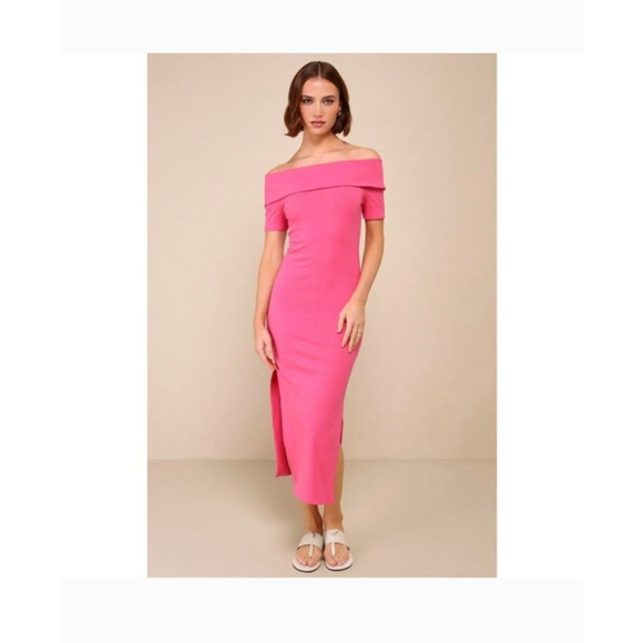 Lulus Dresses & Skirts - Lulus Pink Off-the-Shoulder sz XL ribbed diva princess wedding Midi Dress